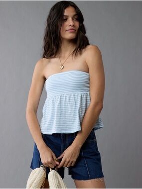 American Eagle Outfitters Light Blue & White Strapless Peplum Camisole
